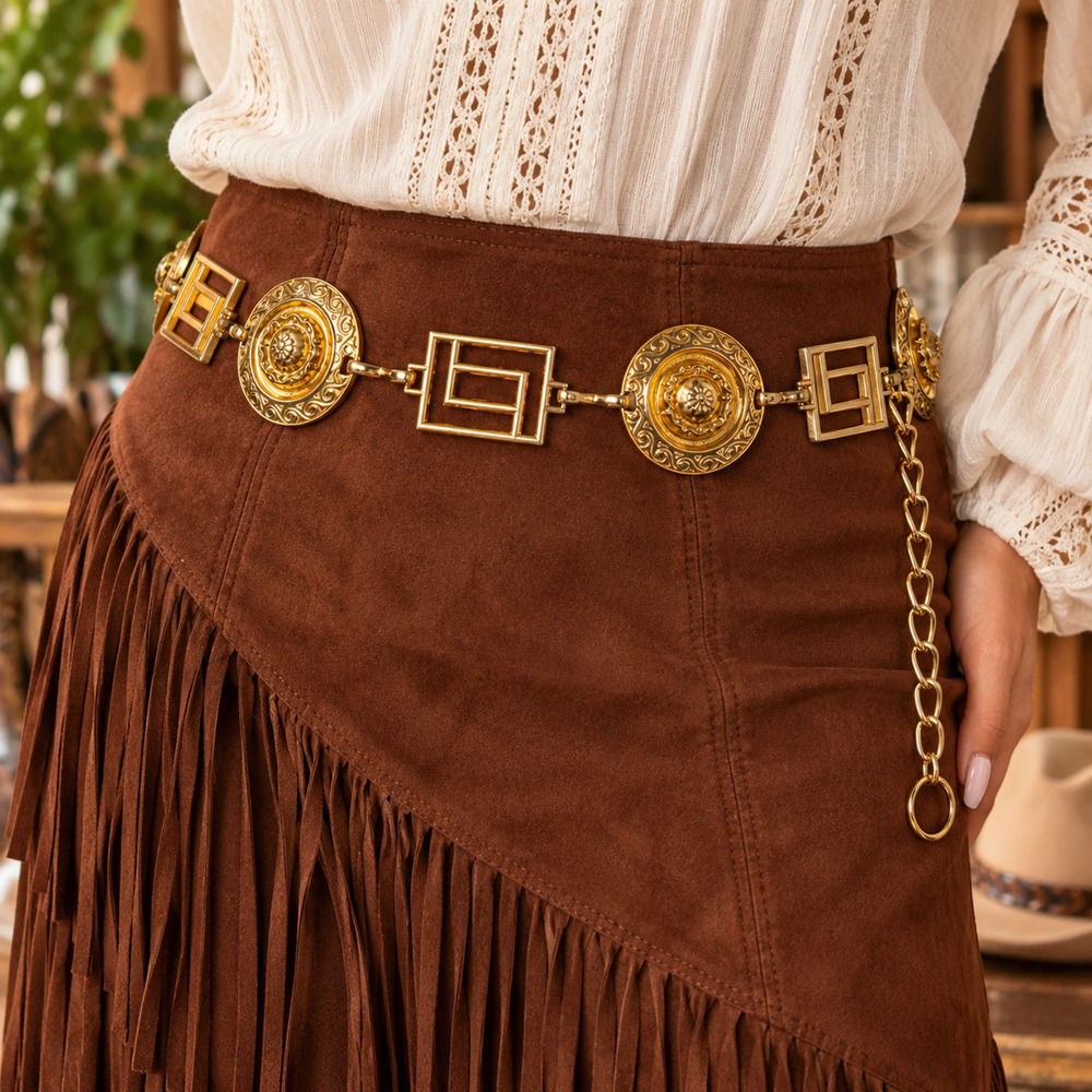 Gold Tone Ornate Medallion Chain Belt 40" Statement Boho Western Adjustable